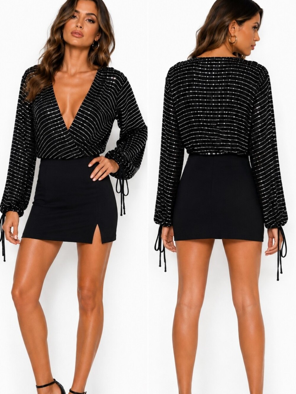 Nwt Blithe Los Angeles NWT Black Sequin Plunge V-Neck Bodysuit Party Top Size M